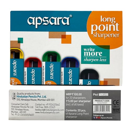 Apsara Long Point Sharpeners, Comfortable Grip, Highly Durable, Anti-rust, Scientifically Designed Blade, Child Safe, for Students, Artists & Professionals, Pack 0f 20