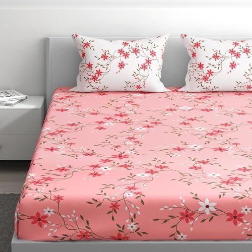 100% Cotton 152 TC Fitted Bedsheet with 2 Pillow Covers | Sakura Queen, 72" x 60", Sakura| 1.83m x 1.52m