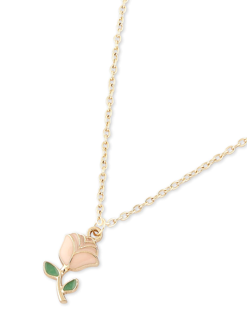 ZAVERI PEARLS Pink & Green Enamelled Beautiful Rose Contemporary Pendant & Chain For Women-ZPFK16784