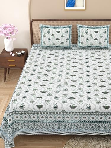 WestNic Jaipuri Print 100% Pure Cotton King Size Bedsheet Set for Double Bed with 2 Cotton Pillow Covers | 400 TC (Thread Count) | Size 90 X 108 Inches, 7.5 Feet by 9 Feet (Green Flower)