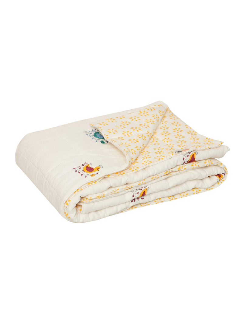 MOM'S HOME Organic Cotton Super soft Summer AC Baby Quilt Blanket cum Bedspread - 0-3 Years - 110 * 120 Cms - Chirping Chidiyaan