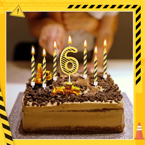 Threlaco 13 Pcs Construction Themed Birthday Candles Set, 12 Yellow and Black Striped Candle and 1 Number Candle Cake Topper for Construction Party Decoration Baby Shower Party Supplies (Number 6)