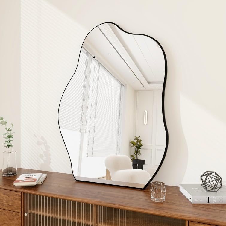 VENETIAN IMAGE Unique Asymmetrical Frameless Wall Mirror Wooden Irregular Shape, Versatile for Living Room, Bedroom, Entrance Hallway Décor (28x20)