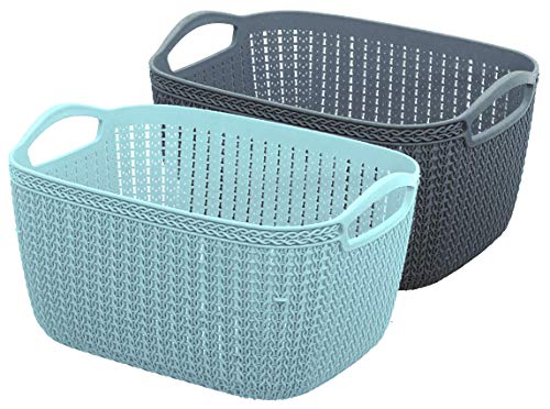 Kuber Industries Q-5 Unbreakable Plastic 2 Pieces Multipurpose Medium Size Flexible Storage Baskets/Fruit Vegetable Bathroom Stationary Home Basket With Handles (Light Blue & Grey), Rectangular