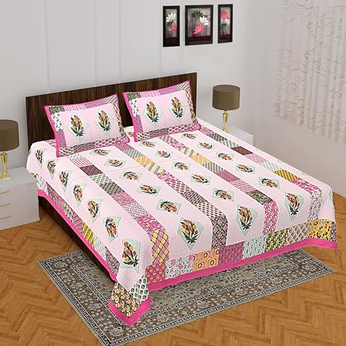 EarlyMart Floral 100% Cotton Rajasthani Jaipuri Bedsheet for Double Bed King Size with 2 Pillow Covers - (Jaipuri_BedCover28)