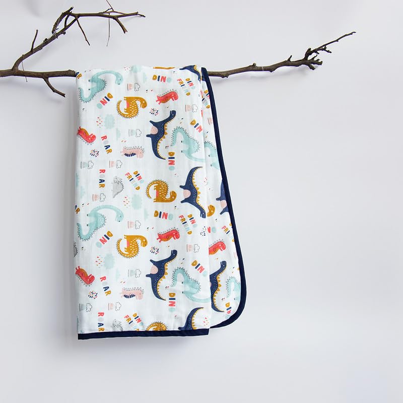 Yellow Doodle Unicorn Dreams + Dino Friend Reversible Muslin Blanket - Adorable Combo for Unisex Baby Ages 0-4 Years