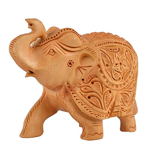 Apnoghar Wooden Elephant Carving Trunk Up (Brown, 10 Cm)