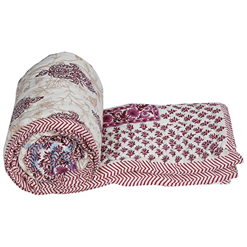 THROW KING Traditional Organic Cotton Soft Premium and Mughal Desing Print Single Bed Jaipuri Razai AC Quilt/Razai/Rajai/Blanket/Throw Floral Print, (60x90inch) (Maroon)