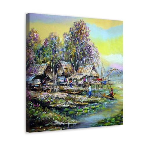 GADGETS WRAP Canvas Gallery Wrap Framed for Home Office Studio Living Room Decoration (17x17inch) - Village Oil Painting