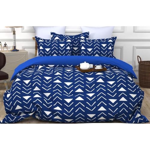 LA COZEE Cotton Fitted Bedsheets with 2 Pillow Covers, 230x230 cm, Blue Designer Pattern, 210-220 TC