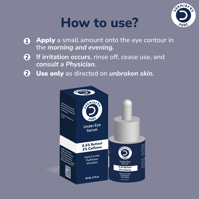 Dermistry 0.6% Retinol  5% Caffeine Anti-Ageing Under Eye Serum for Aging Removes Fine Lines Wrinkles, Dark Circles & Puffiness, Puffy Eyes Rejuvenating 30ml