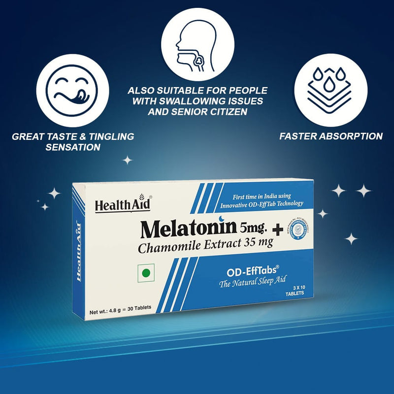 HealthAid I Melatonin 5 mg + Chamomile Extract 35 mg I 30 OD Effervescent Tablets