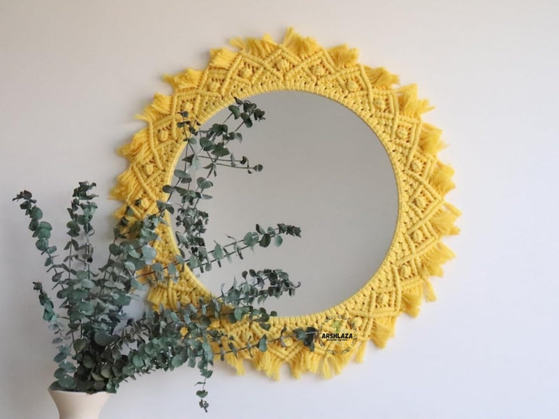 ARSHLAZA Macrame Hanging Wall Mirror with Macrame Round Mirror Art Boho Decor [MYELLOW1] Framed, Off-White