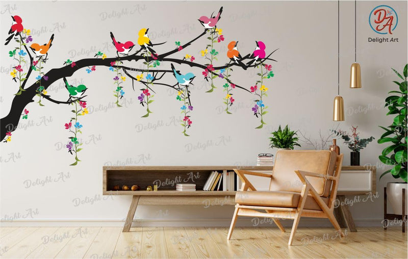 Delight Art Tree with Birds Design Flower Leaf Wall Sticker Bedroom, Windows Living Room Waterproof Wall Sticker (101CM X 58CM), Vinyl