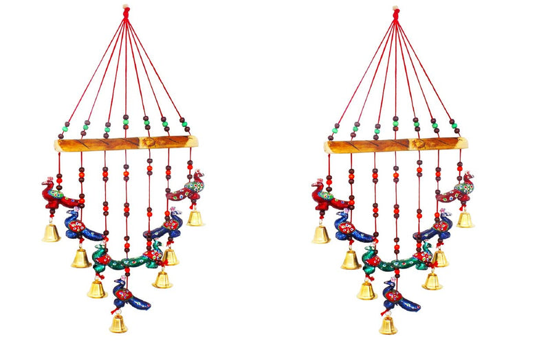 Aarushi� Rajasthani Wood Based Hand Made Wind Chime Peacock with Bells for Home|Office|Garden|Decoration Door|Wall Hanging -Set of 2