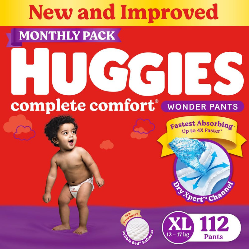 Huggies Complete Comfort Wonder Pants Extra Large (XL) Size (12-17 Kgs) Baby Diaper Pants, 112 count| India's Fastest Absorbing Diaper with upto 4x faster absorption | Unique Dry Xpert Channel