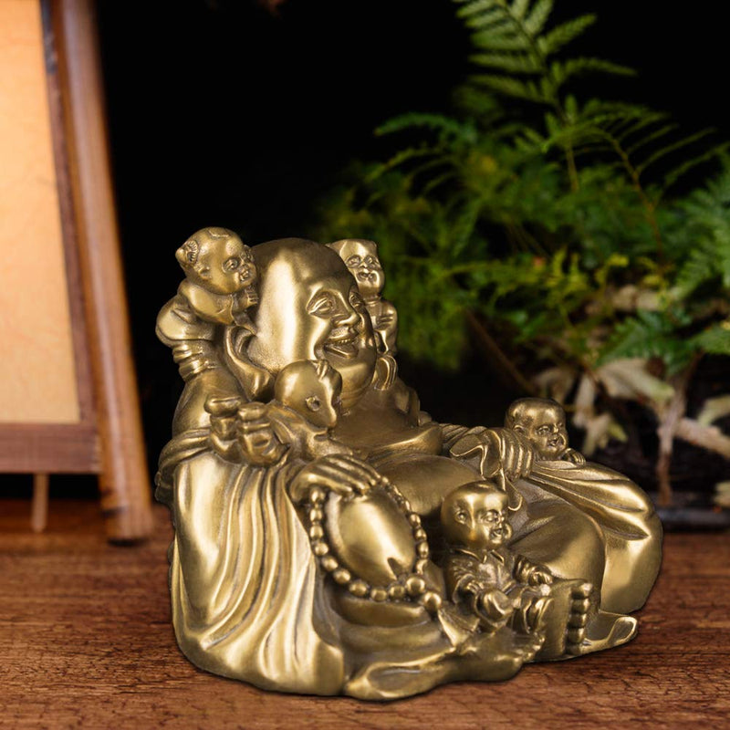 Brass Statu Chinese Fengshui Laughing Buddha Sitting with 5 Children Statue Attracting Happiness in Family Decoration Collection ZD066