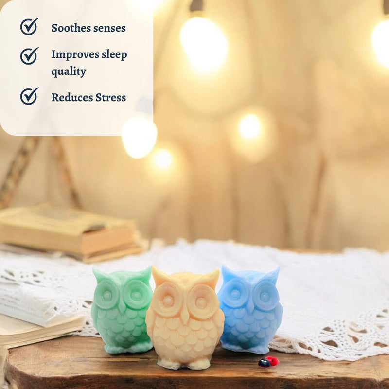 BeVibrance Soy Wax Owl-Shaped Candle (Pack of 3) - Vanilla & Fruit Scent, 20-25hr Clean Burn, Non-Toxic, Perfect for Gifting & Home Decor, 100% Soy, Aromatic - Yellow, Green & Blue