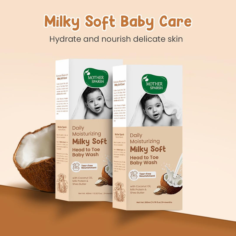 Mother Sparsh Milky Soft Head to Toe Baby Wash-400ml with Milk Protein & Shea Butter | Tear Free 2 in 1 Natural Baby Body Wash