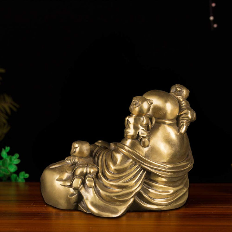 Brass Statu Chinese Fengshui Laughing Buddha Sitting with 5 Children Statue Attracting Happiness in Family Decoration Collection ZD066