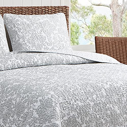 Tommy Bahama Island Memory Collection Quilt Set 100% Cotton, Reversible & Lightweight, Prewashed for Added Softness, King, Pelican Gray