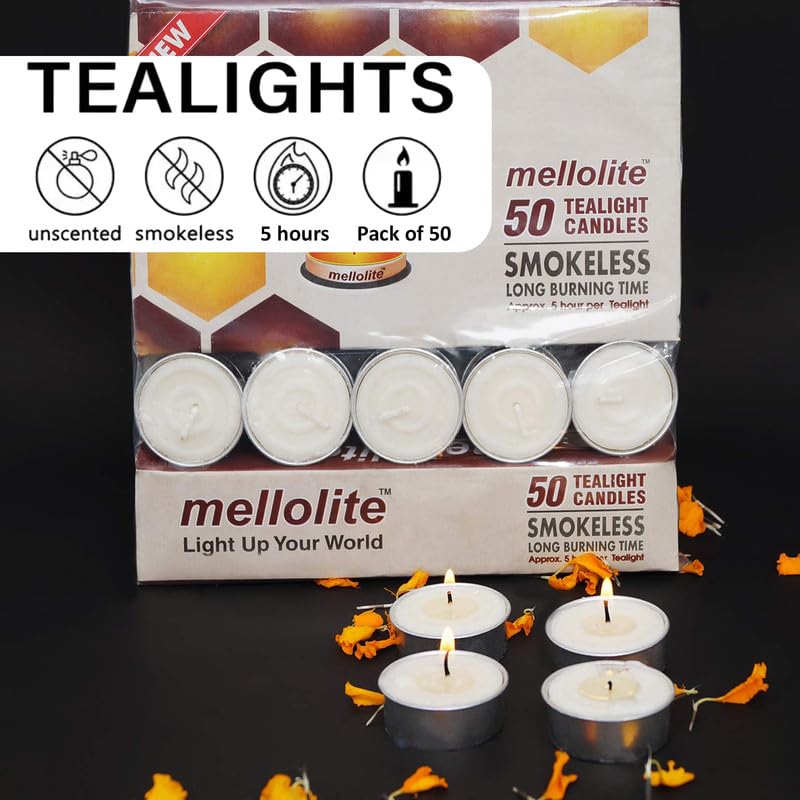 Tealight Candles 100% Pure Wax, Unscented, Pack of 50, Long Burning Tealight, 5 Hours Burn Time, White Unscented Tea Light Candles - Ideal for Weddings, Parties, and Special Events!