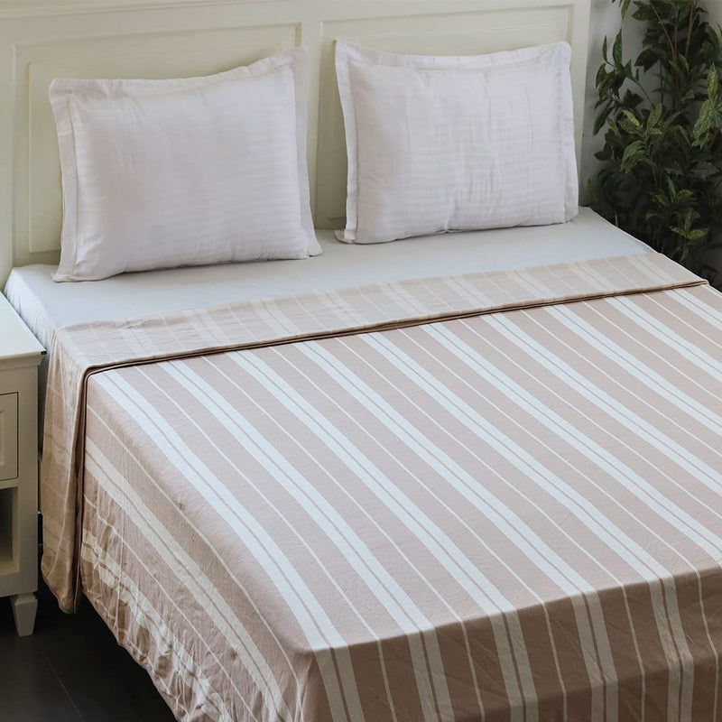 Pluchi Wide Stripe Cotton Knitted Double Bed AC Blankets/Dohar in Natural & Linen Color (229cm x 254cm)