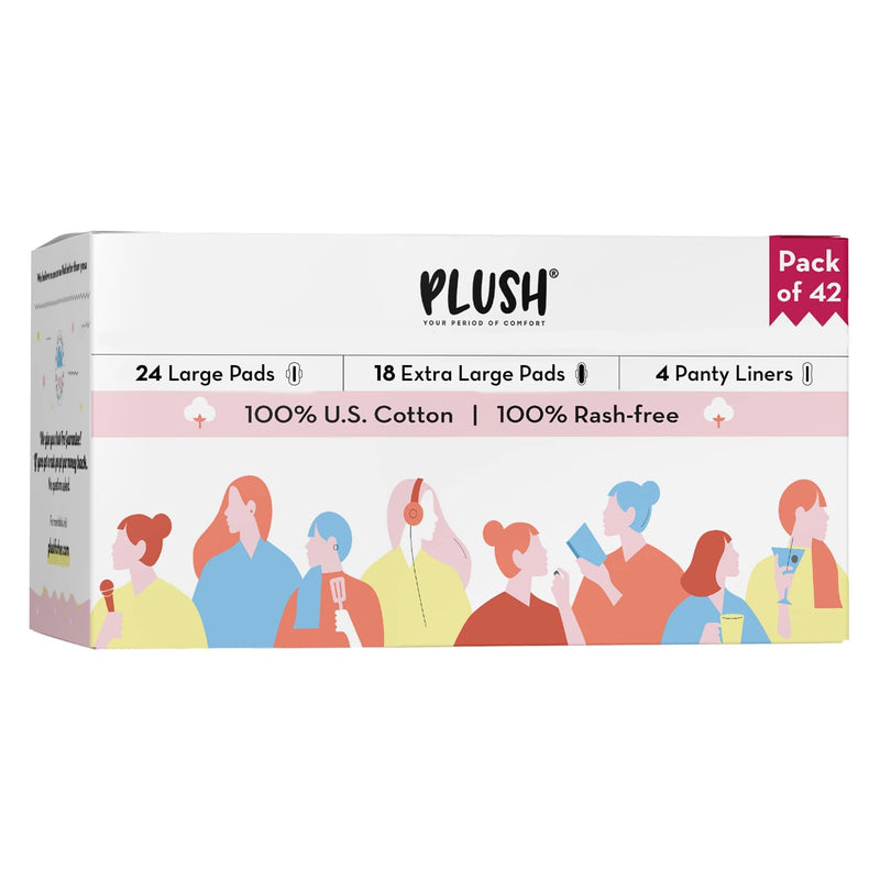 Plush Ultra-Thin Sanitary Pads For Women, 42 Cotton Sanitary Napkins | 18 Medium Flow XL + 24 Light Flow L + 4 Panty Liners For Rash Free Periods | Pure U.S. Cotton Pads