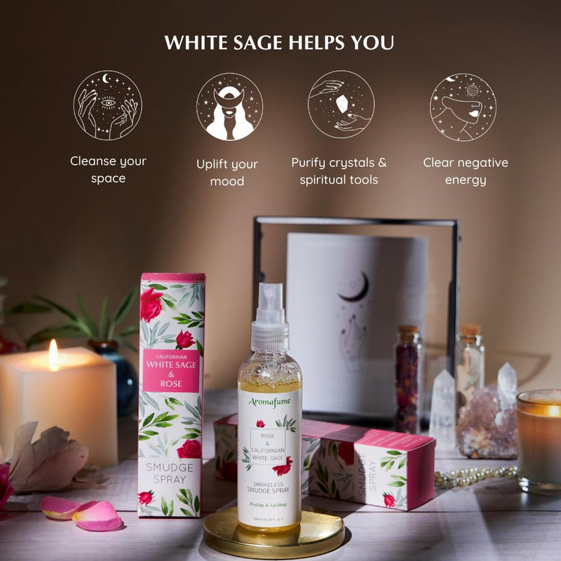 White Sage & Rose Smudge Spray by Aromafume | 100ml/3.3 oz | Sage Spray for Cleansing Negative Energy & Protection | Non-Toxic | Room Spray for Spiritual Cleansing, Smokeless Sage Smudging