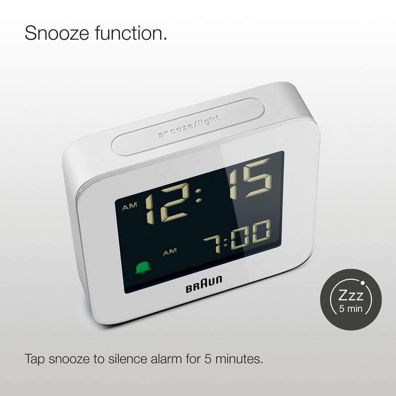 Braun Digital Alarm Clock with Snooze, Negative LCD Display, Quick Set, Crescendo beep Alarm in White, Model BC09W