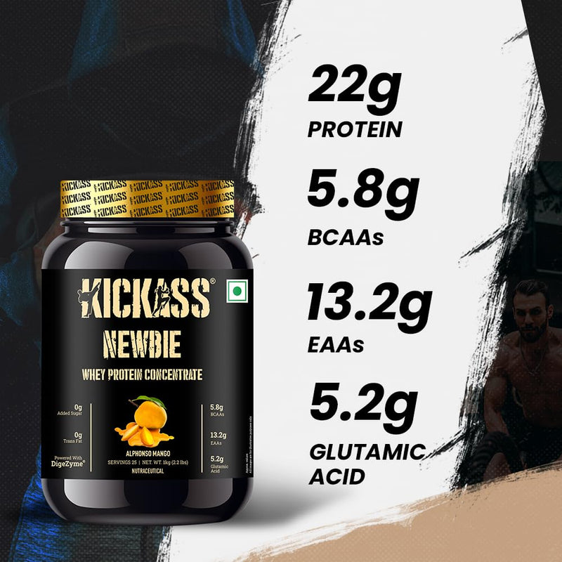 Kickass Newbie Whey Protein Concentrate - with Added Digestive Enzymes and Immunity-Boosting Micro Nutrients Aiding in Muscle Repair and Growth | Mango Flavour 1Kg