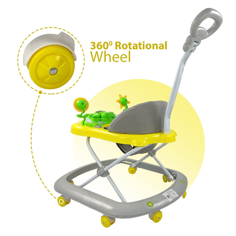 Dash Butterfly Deluxe Baby Walker with 3 Position Adjustable Height Music & Light & Parental Handle, Foldable Activity Walker, Baby 6-18 Months boy, Walker for Kids (Capacity 20kg | Yellow)