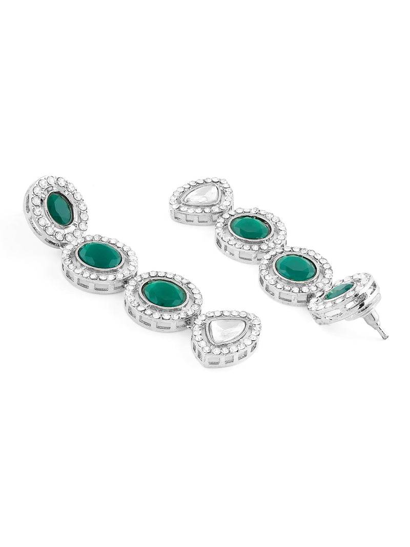 ZAVERI PEARLS Green Stones Dazzling Austrian Diamonds Layered Necklace Earring & Maangtikka Set For Women-ZPFK17569