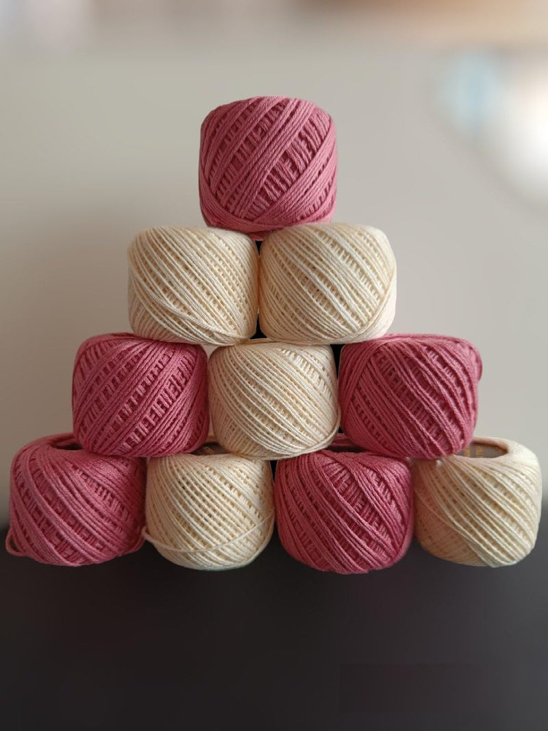 ELEXIQ Crochet Cotton Thread Yarn for Knitting and Craft Making Combo Pack of 10 Roll (Multicolour) (Dark Pink + Cream)