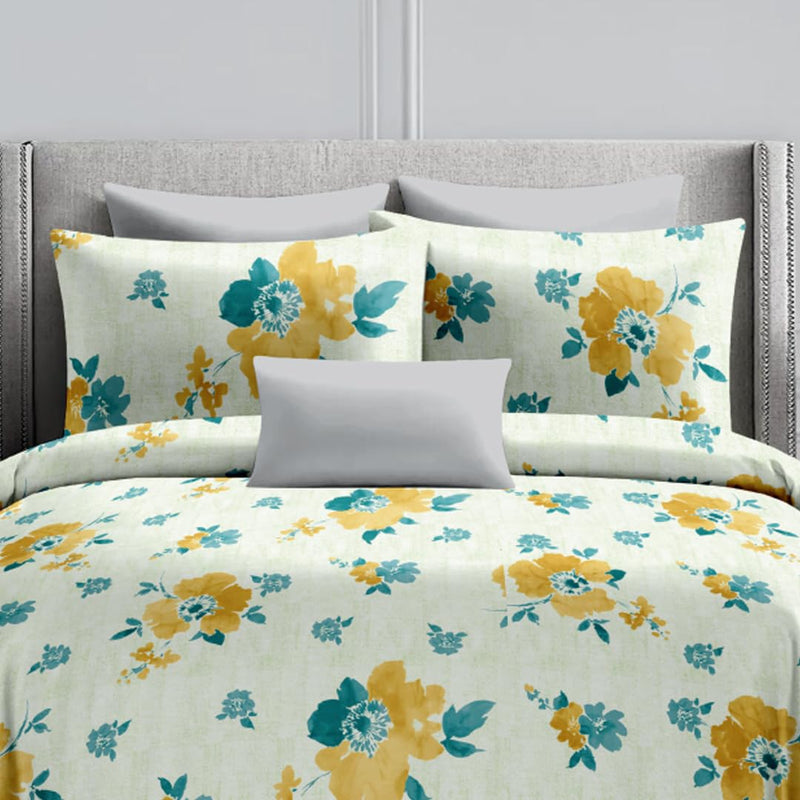 Tannarry Soft Cotton Floral Print 188 TC Super King Size Bedsheet (274 * 274cm) with 2 Pillow Covers (46 * 69cm)- Yellow Blue