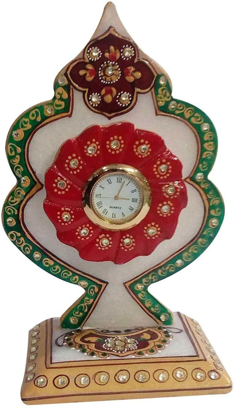 India Meets India Marble Meenakari Art Desk Clock Table Clock Handicraft by Awarded Indian Artisan (Design10)