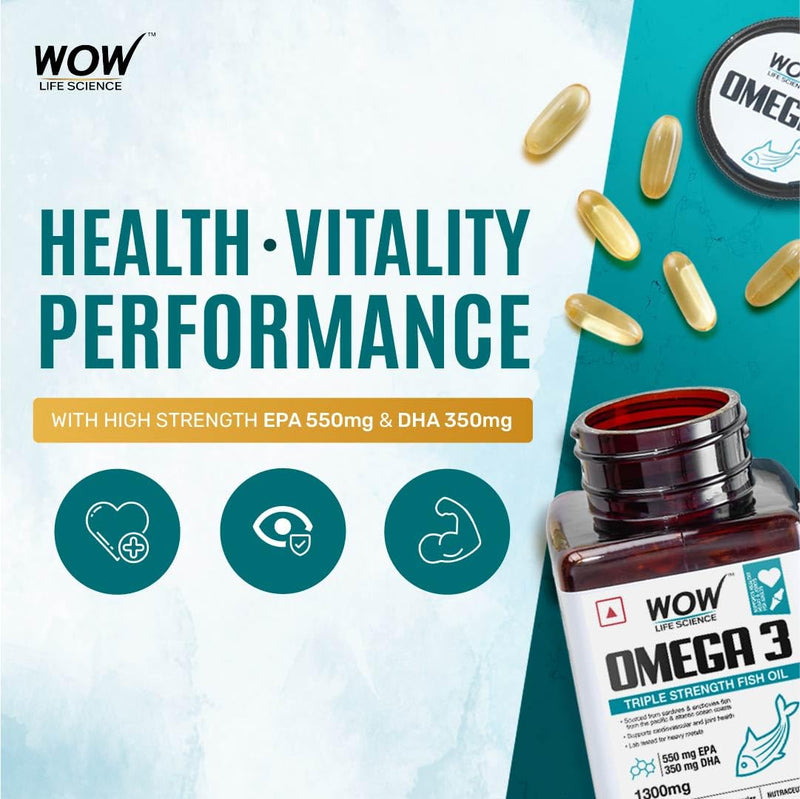 WOW Omega-3 Fish Oil 1000 mg Triple Strength 550mg EPA 350mg DHA, Burpless, Mercury free, Ideal for Keto Diet