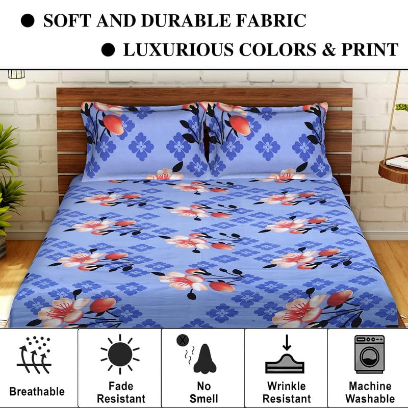 Amvy Creation Prime Collection 160TC Supersoft Glace Cotton Elastic Fitted King Size Double Bedsheet with 2 Pillow Covers (Multicolour, Size 72 x 78 Inch) - Blue with White Blossom - Gold Fitted