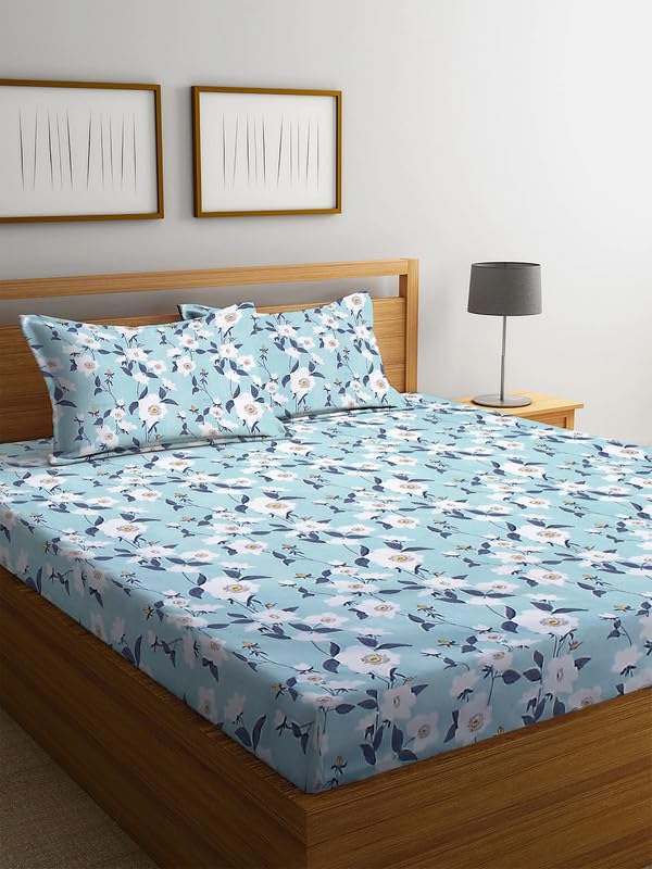 NHD HOME Premium Cotton 210Tc Elastic Fitted Bedsheets with 2 Pillow Covers | Double/Queen Bed with All Around Elastic 180 TC Supersoft Breathable |Size-78 x72+10 inches | White & Aqua