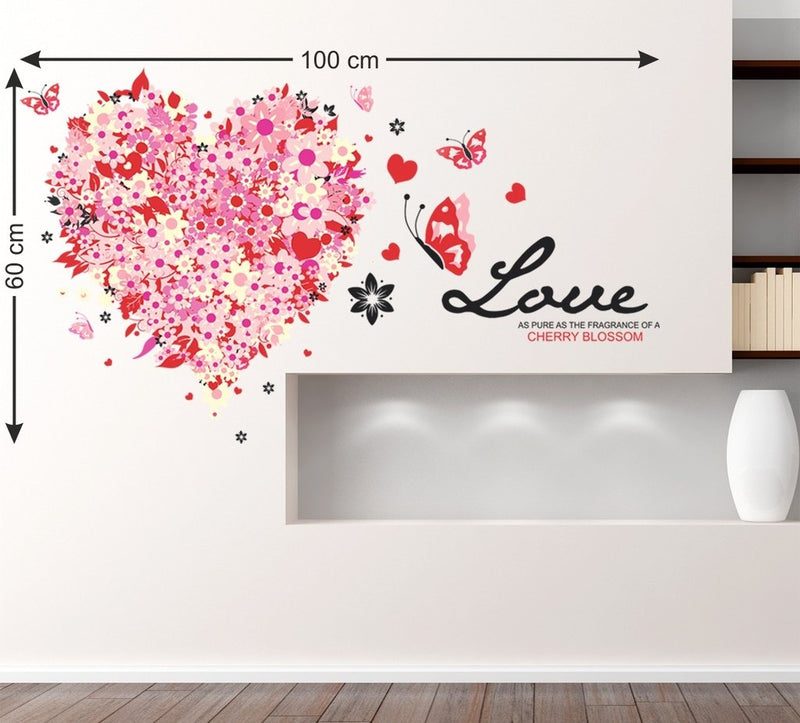 Wallstick ' Love (Flower Heart) with Butterfly ' Wall Sticker (Vinyl, 60 cm x 100 cm, Multicolor)