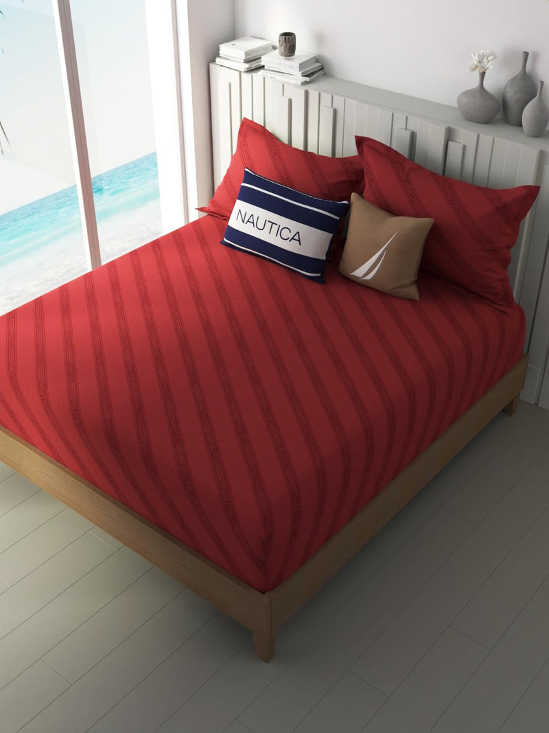 NAUTICA Cotton King Bedsheet with 2 Pillow Covers -3pc Set (Ocean View) Ornamental-red