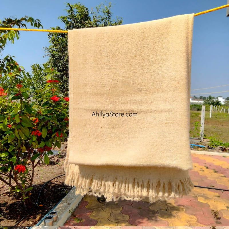 AhilyaStore - Original Handmade White Ghongadi(Jawal) - 100% Sheep Wool - Sheep Wool Blanket