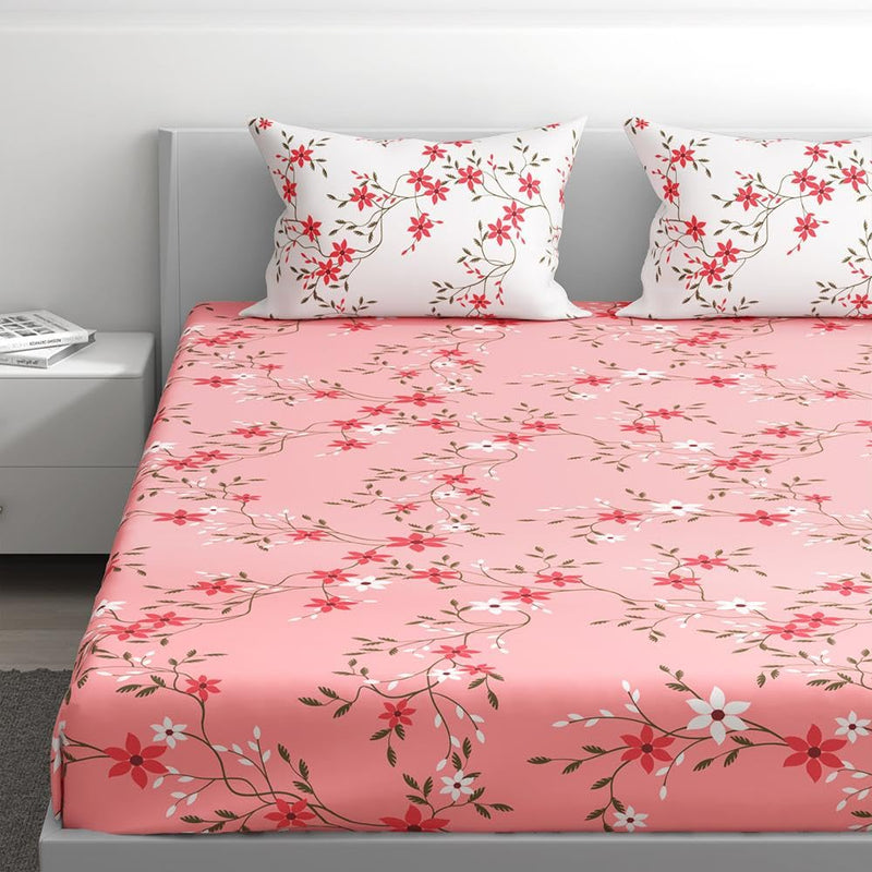 100% Cotton 152 TC Fitted Bedsheet with 2 Pillow Covers | Sakura King, 78" x 72", Sakura| 1.98m x 1.83m