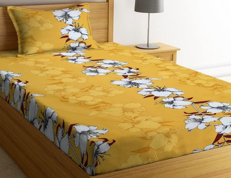 NHD HOME Premium Cotton Printed Single Bedsheet with One Pillow Cover for Coat/Diwan/ 4x6 Bed 180 Tc (150x225 cm, White & Yellow Flower) बेडशीट