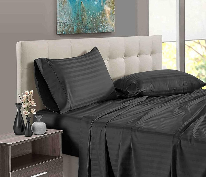 100% Cotton Elastic Fitted Bedsheet with 2 Pillow Cover- 400TC Elastic Fitted Bedsheet Fits Up to 10" Deep Pocket- 3 PC Fitted Sheet Set- Wrinkle Resistant & Soft-Dark Grey Stripe 72" x 84"