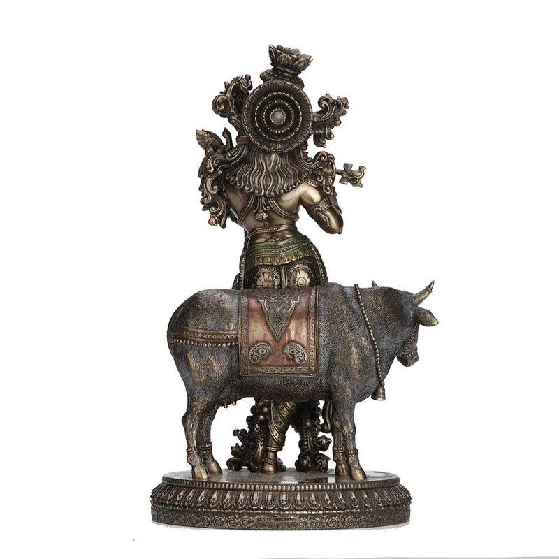 Veronese Design 10.5 Inch Hindu God Krishna and The Holy Cow Antique Bronze Finish Sculpture Figurine