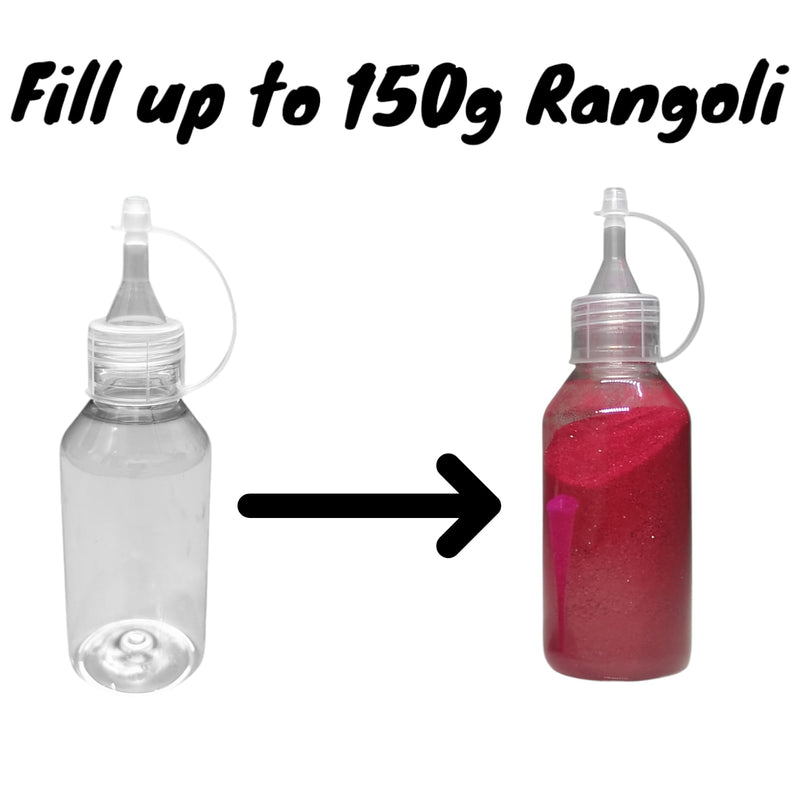 ZWIK.shop Rangoli Plastic Empty powder Bottle with Transparent Nozzle, 150g Capacity Pack of 10 Refillable Squeeze Bottles with Funnel, Ideal Crafting, Art Festival Decorations, Storage