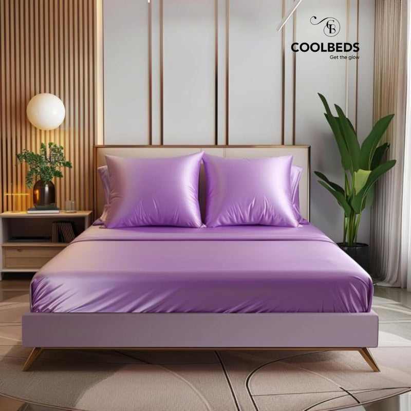 COOLBEDS Satin Bedsheet for Double Bed Elastic Fitted - Bedsheet for Double Bed - Double Bedsheet with 2 Pillow Covers - Satin Bedsheet - Elastic Bedsheet - 400 Thread Count - 203 x 152 cms (Lavendar)