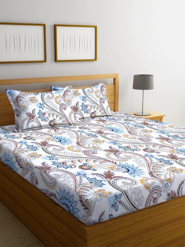 NHD HOME Cotton 210tc Flat Double Bed Bedsheets for Summer Breathable | Wrinklefree | Longlasting (Size- 225 x 228 Cm) with 2 Pillow Covers (Size-17 X 27 Inches, Traditional White & Blue)