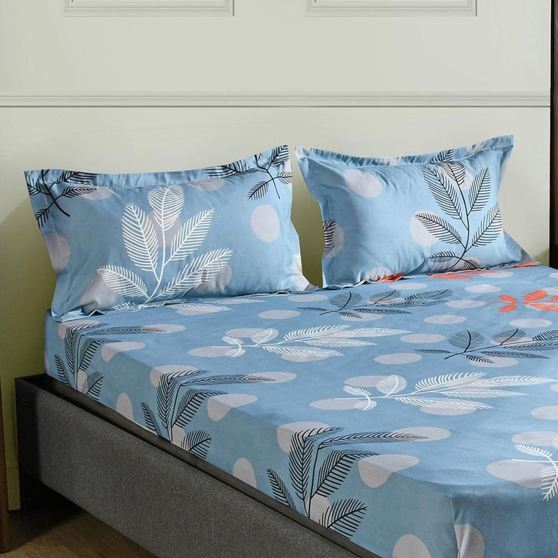 @home by Nilkamal Ammara Leaf Design Polyester Double Bedsheet with 2 Pillow Covers|90 GSM|Lightweight, Soft Seasons|Ideal for Gifting on Any Occassion|90 X 98 inch|Blue and Grey